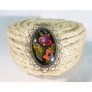 Vtg plastic or wood floral cameo brooch hand painted filigree florentine Cottage